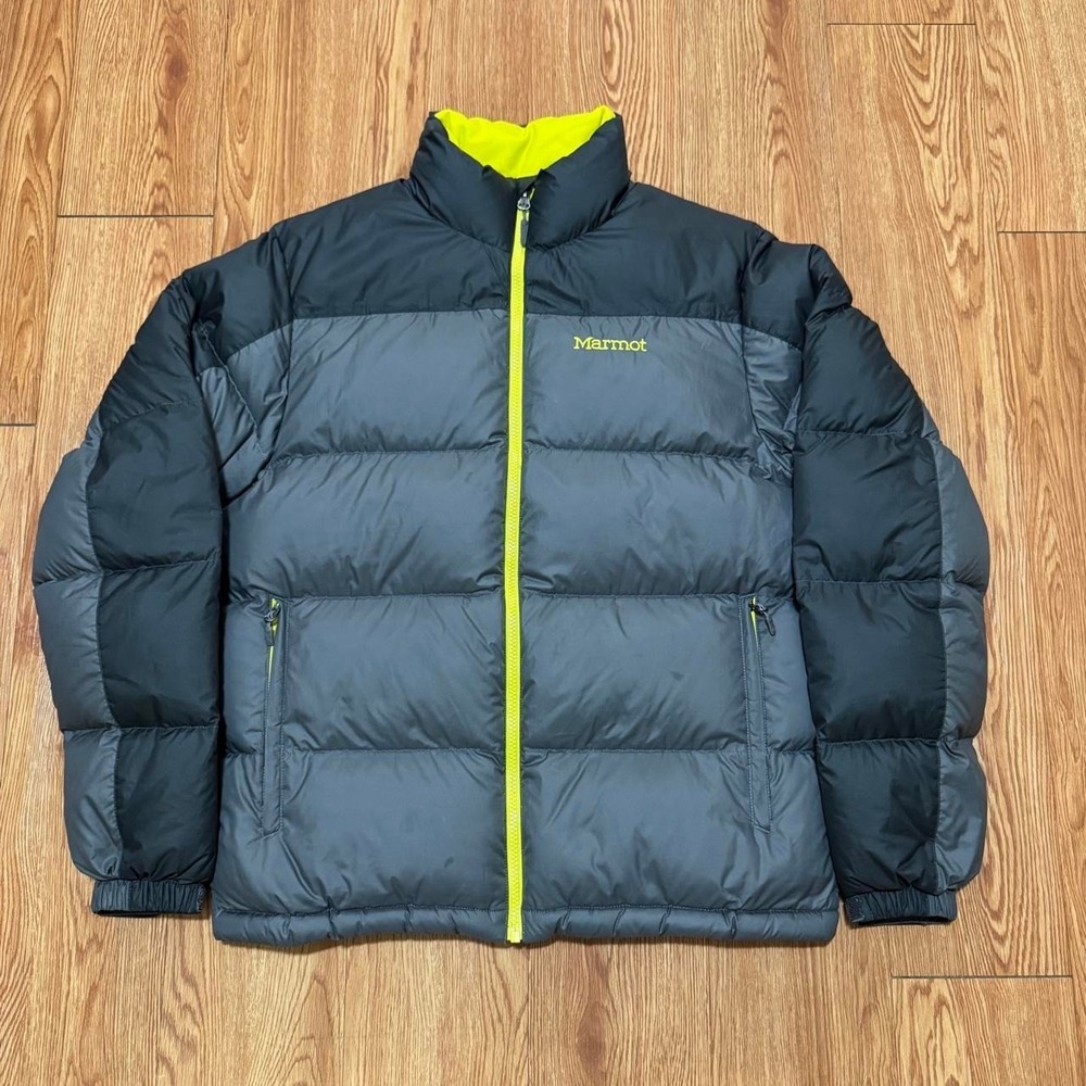 Marmot Men's Azos Jacket Medium 700 Fill Puffer Full Zip Gray Yellow Gorpcore